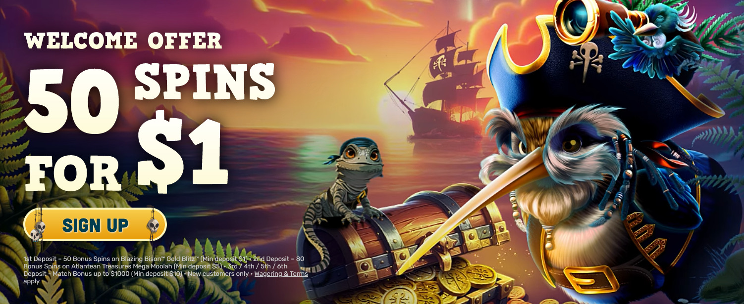 Kiwis treasure casino 50 spins for $1